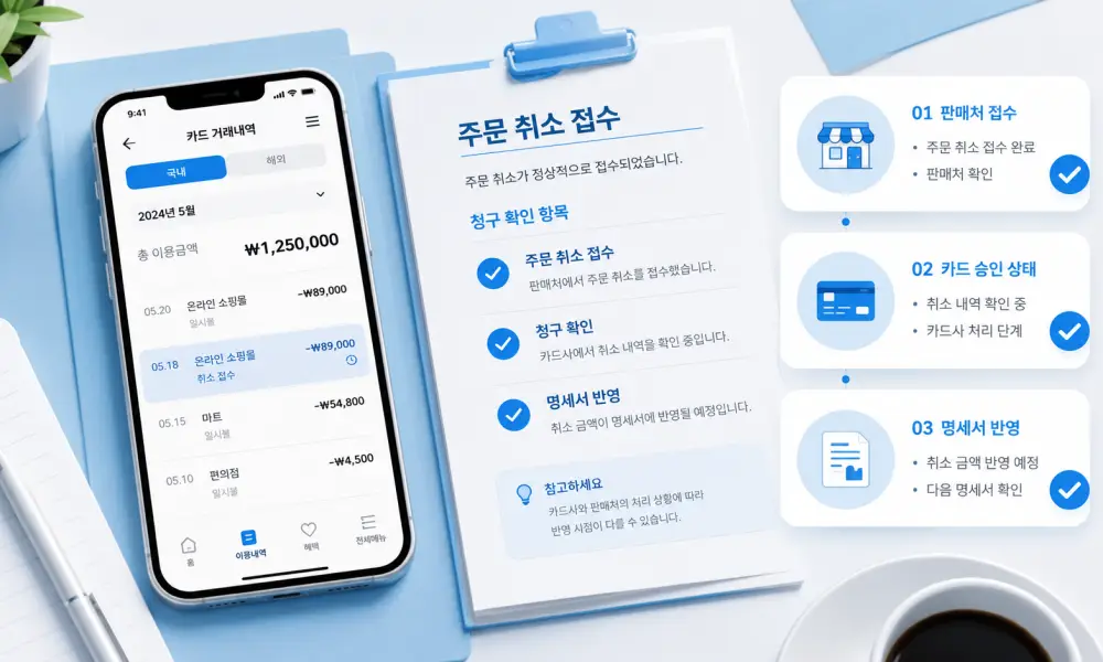 할부 결제 취소 방법을 위해 판매처 접수와 카드 청구 내역을 비교하는 모습