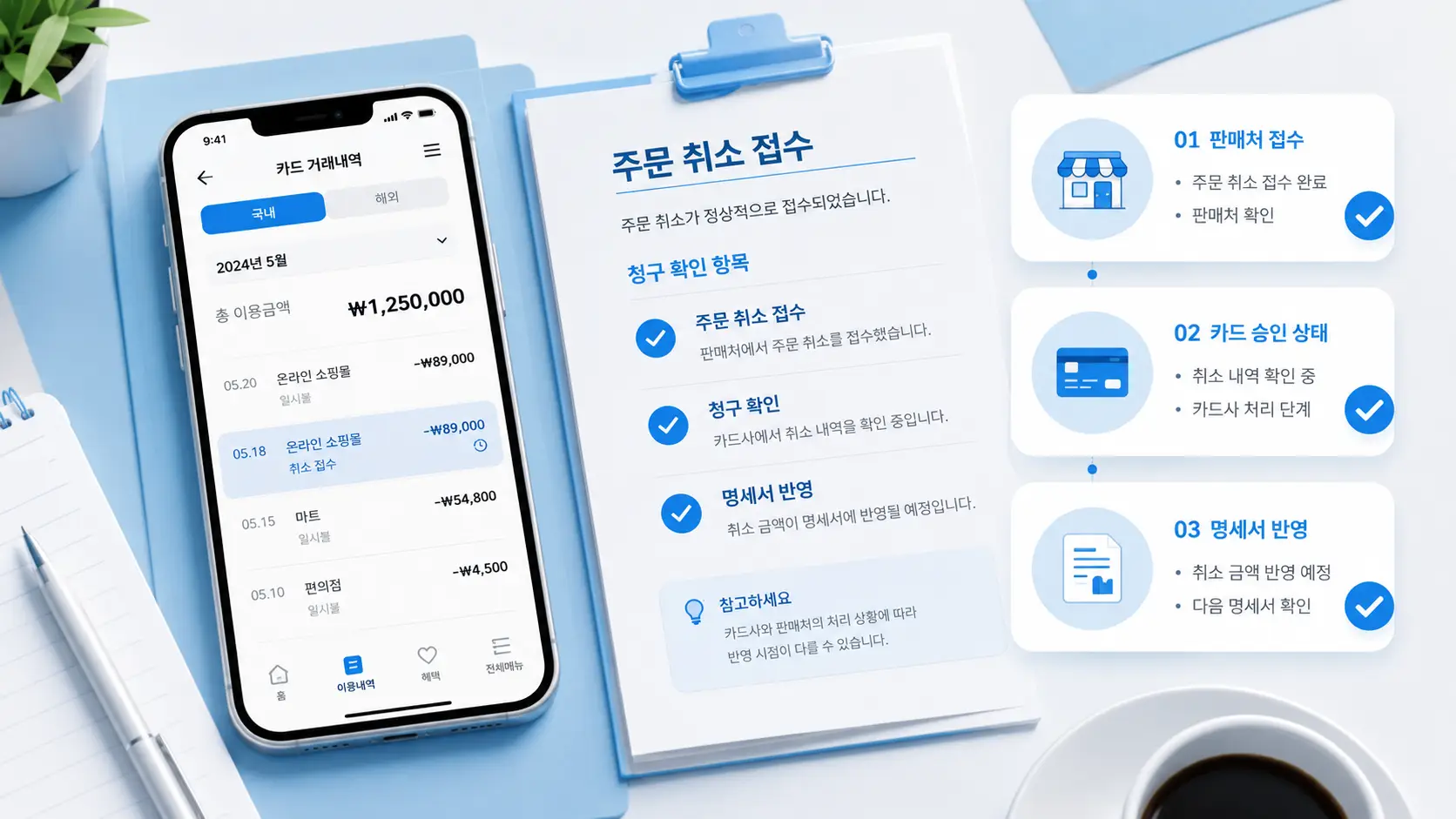 할부 결제 취소 방법을 위해 판매처 접수와 카드 청구 내역을 비교하는 모습