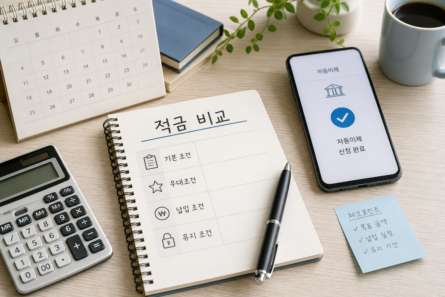 적금 우대금리 조건 확인 방법을 위해 기본 조건과 자동이체 조건을 비교하는 장면