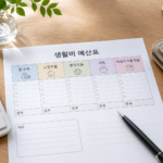 생활비 예산 배분 계산 방법을 위해 월 소득과 고정지출·변동지출·저축을 구분해 적은 예산 노트
