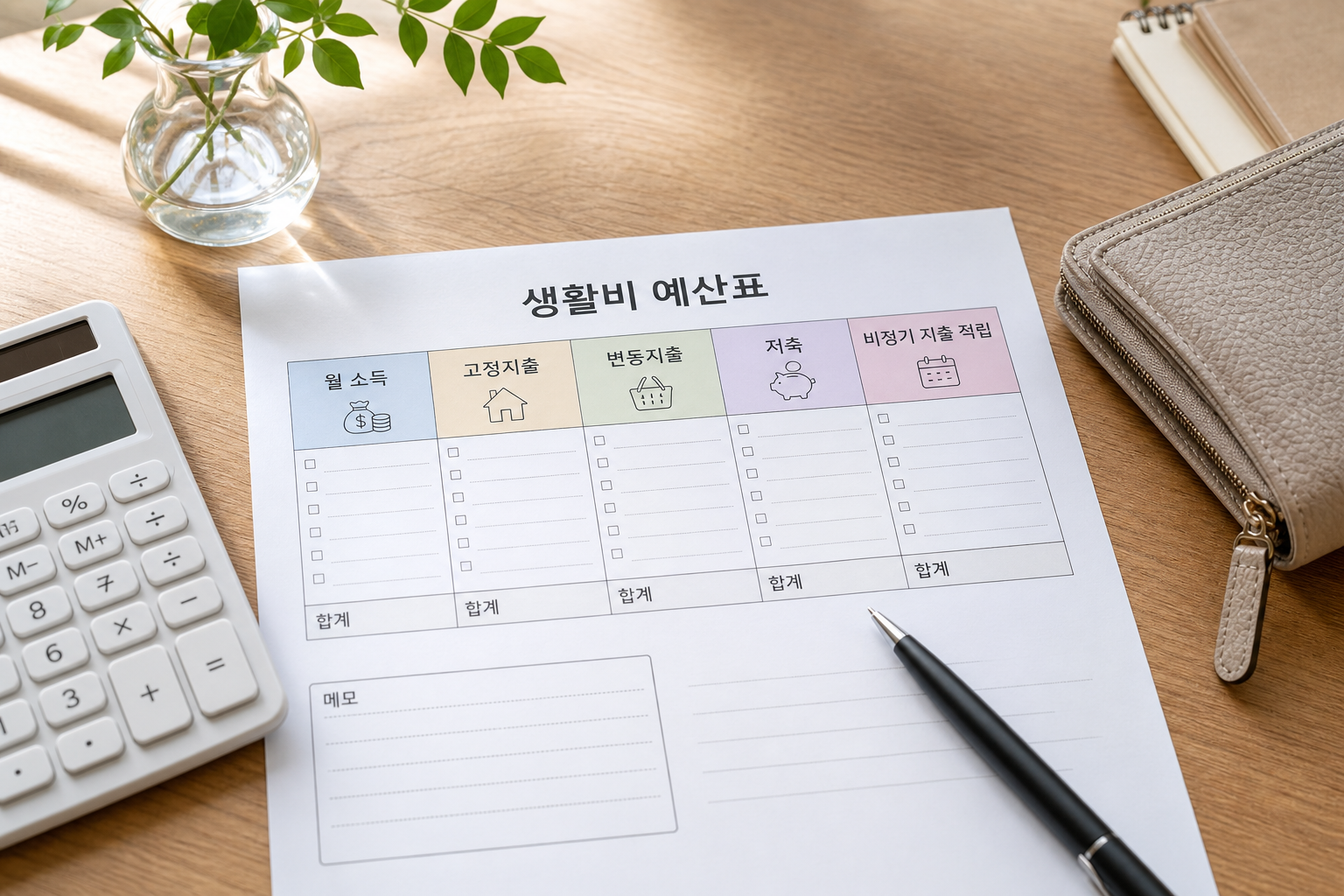 생활비 예산 배분 계산 방법을 위해 월 소득과 고정지출·변동지출·저축을 구분해 적은 예산 노트