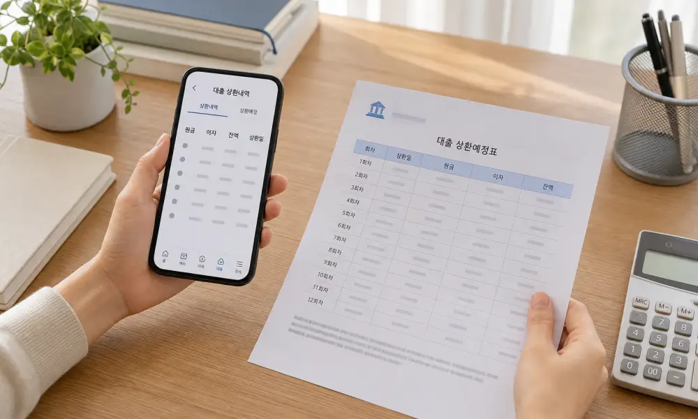 대출 상환내역 확인 방법을 위해 원금·이자·대출 잔액이 표시된 상환표를 확인하는 모습