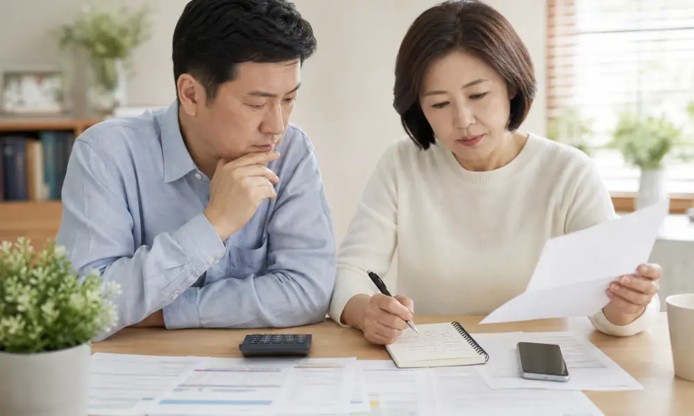 퇴직 후 국민연금 가입기간과 가입 상태를 확인하는 중장년의 서류와 노트
