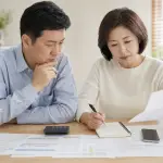 퇴직 후 국민연금 가입기간과 가입 상태를 확인하는 중장년의 서류와 노트