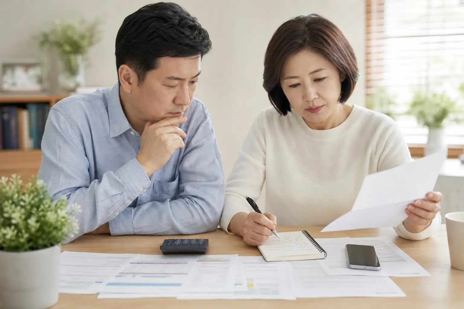 퇴직 후 국민연금 가입기간과 가입 상태를 확인하는 중장년의 서류와 노트
