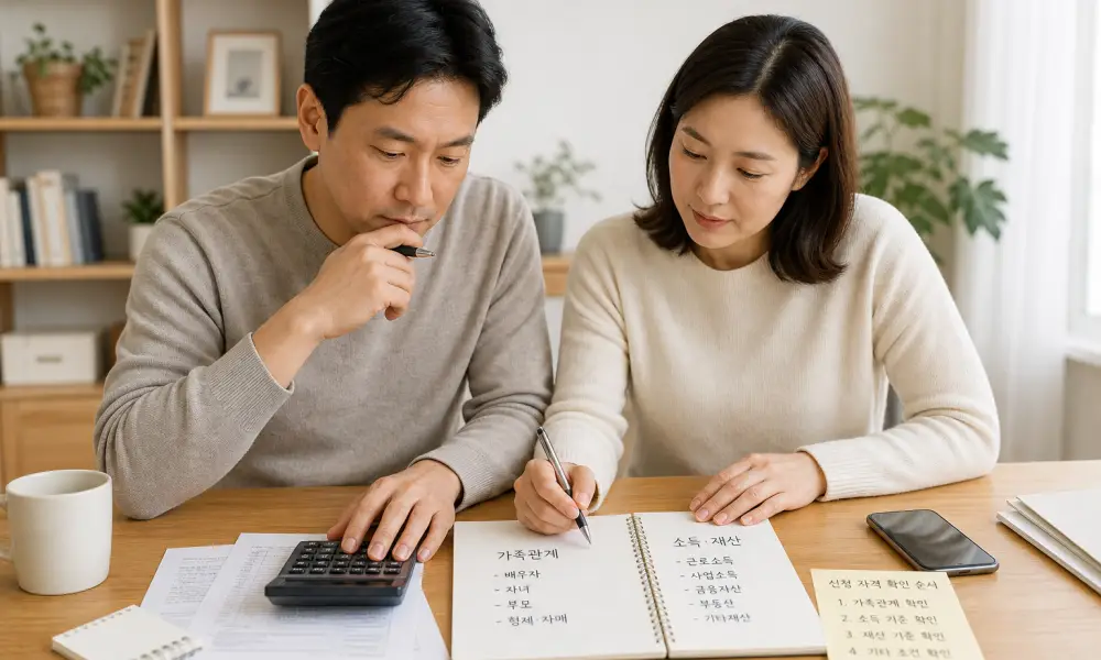 가구 유형과 총소득, 재산 항목을 차례로 확인하며 근로장려금 신청 자격을 판단하는 책상 위 서류와 메모