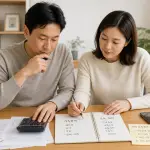 가구 유형과 총소득, 재산 항목을 차례로 확인하며 근로장려금 신청 자격을 판단하는 책상 위 서류와 메모