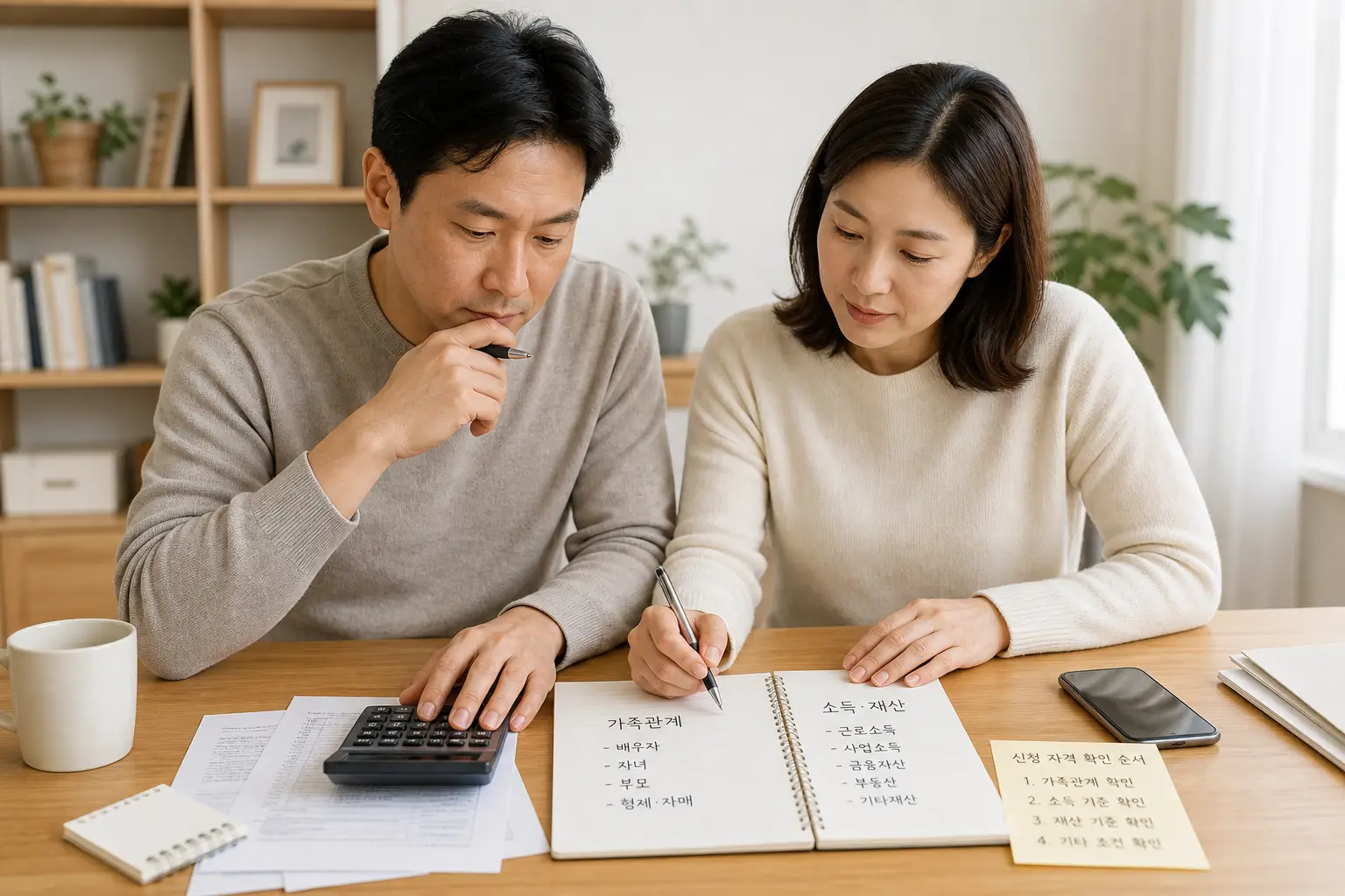 가구 유형과 총소득, 재산 항목을 차례로 확인하며 근로장려금 신청 자격을 판단하는 책상 위 서류와 메모